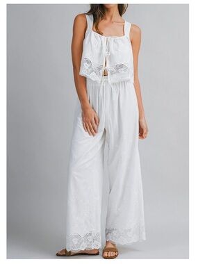 Cosette Embroidered Tie Top & Pant Set - Off-White